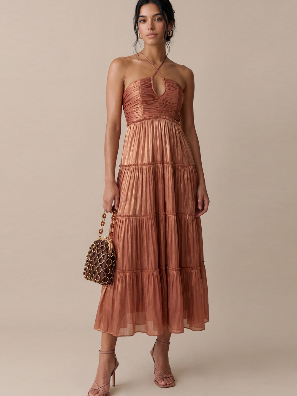 Ruched Strapless Maxi Dress in Rust with Halter Keyhole